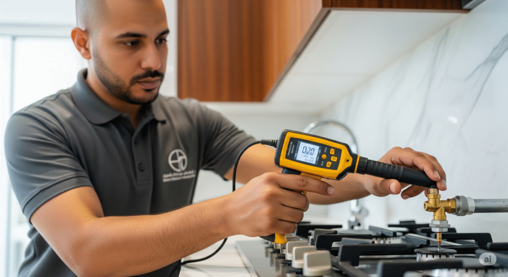 فني غاز في الكويت يقوم بكشف تسربات الغاز بأجهزة حديثة