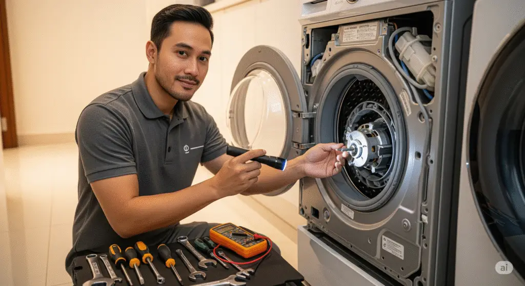 فني غسالات في الكويت يقوم بإصلاح غسالة أوتوماتيك