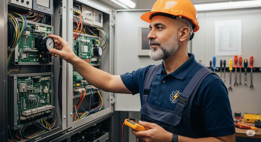 فني مصاعد في الكويت يقوم بإصلاح عطل طارئ