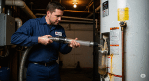 فني يقوم بتنظيف سخان المياه من الرواسب الكلسية في الكويت