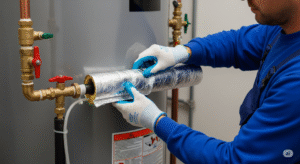 فني يقوم بزيادة كفاءة سخان الماء عن طريق العزل الحراري في الكويت